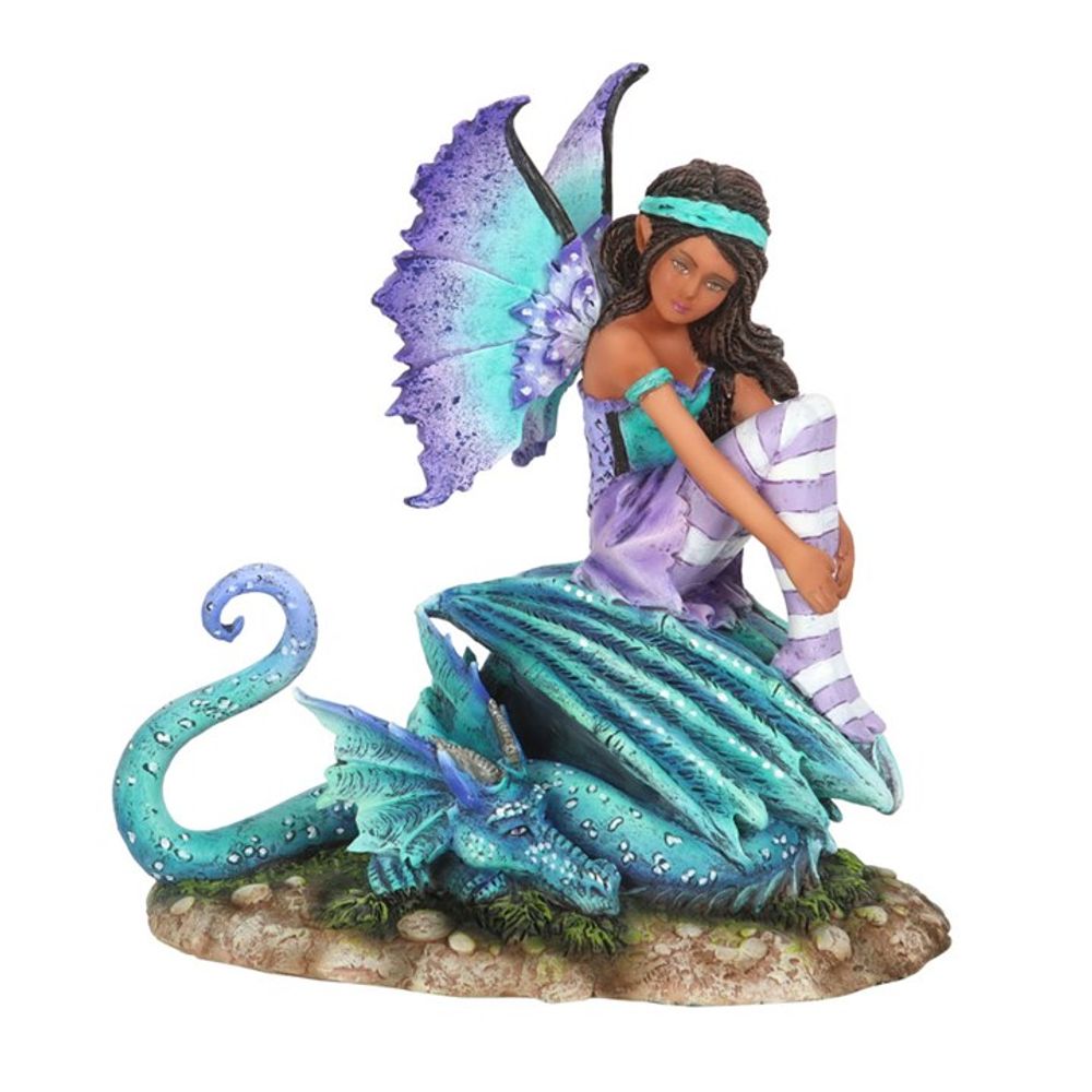 Dragon Perch Fairy Figurine by Amy Brown. Based on the ‘Dragon Perch’ watercolour painting by fantasy artist Amy Brown, this high-quality collectible fairy figurine features painted accents that perfectly capture every magical detail of the original artwork. Intricately sculpted and cast in resin, this purple and teal fairy sits atop her dragon companion, making it a perfect display piece for lovers of fantastical creatures and magical realms.  Officially Licensed For Sale at Mrs Reed's Emporium & Atelier.