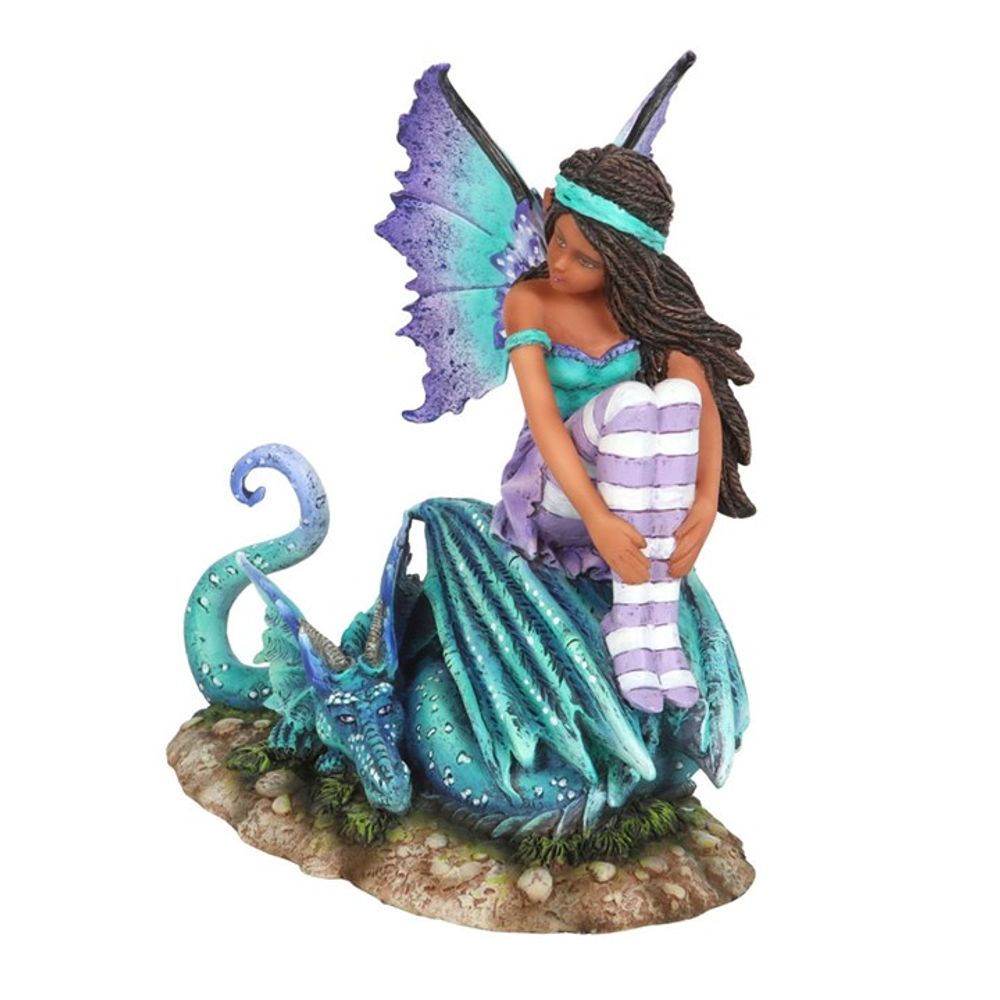 Dragon Perch Fairy Figurine by Amy Brown. Based on the ‘Dragon Perch’ watercolour painting by fantasy artist Amy Brown, this high-quality collectible fairy figurine features painted accents that perfectly capture every magical detail of the original artwork. Intricately sculpted and cast in resin, this purple and teal fairy sits atop her dragon companion, making it a perfect display piece for lovers of fantastical creatures and magical realms.  Officially Licensed For Sale at Mrs Reed's Emporium & Atelier.